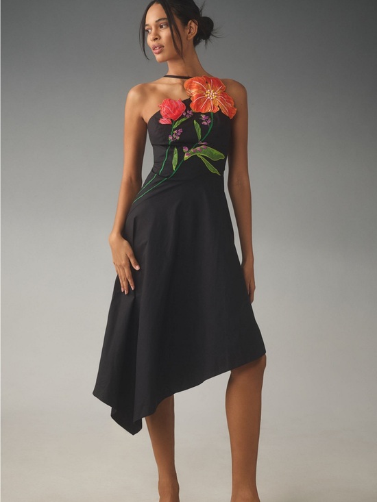 Anthropologie Dresses & Skirts - Anthropologie Black One-Shoulder Floral Appliqué Midi Dress